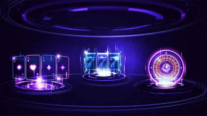 Foto op Plexiglas Neon Casino slot machine, Casino Roulette wheel, playing cards and hologram of digital rings in dark empty scene © DDevicee