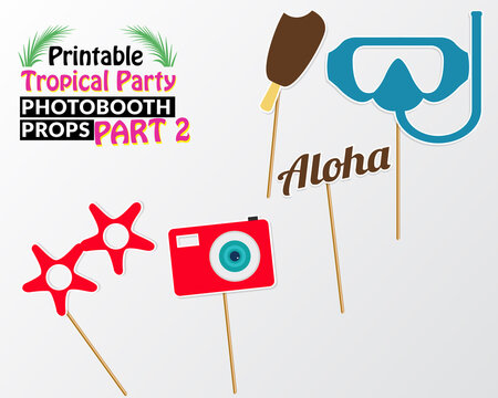 Set of printable tropical party photo booth props inspired by summer, sunshine and cruise vacations. Ice cream, camera, sunglass, Aloha, diving mask vector elements.