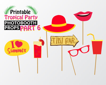 Set of printable tropical party photo booth props inspired by summer, sunshine and cruise vacations. Lips, sunglasses, juice, hat and sign i love summer, wooden sign tiki bar. Hawaii vector elements.