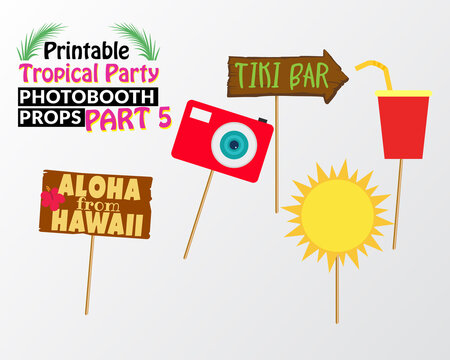 Set of printable tropical party photo booth props inspired by