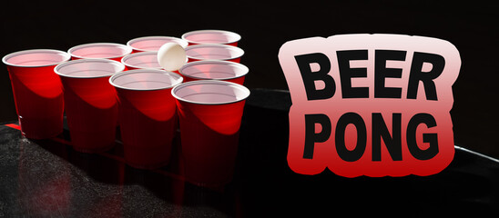 close up red plastic beer pong cups with white ball on top of beer pong set up on dark background with text
