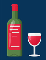 Set of a green bottle and a glass glass with red wine made from grapes. A drink for celebrating events. Vector illustration in a simple cartoon style