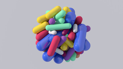 Bright colorful geometric shapes, gray background. Abstract illustration, 3d render.