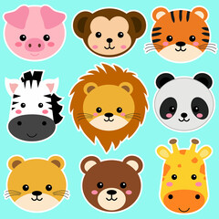 Cute wild animal heads set including lion, tiger, pig, bear, lioness, panda, monkey, zebra, and giraffe. Safari jungle animals vector. Woodland animal illustration