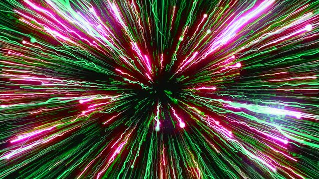 Black background.Motion.Thin bright lines of different colors that fly along the footage to the center and fall in animation.