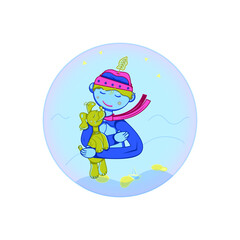 Vector colorful boy dressed in a pink hat with feather hugging a dog, both surrounded by water waves, stones, paper ship. Pet by one paw is standing on stone among water so the kid is like saving him.