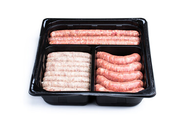 Set of pork sausages in plastic pack isolated on white background