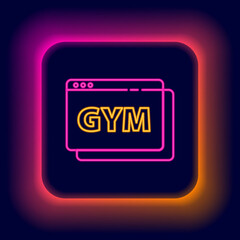 Glowing neon line Online fitness and training icon isolated on black background. Colorful outline concept. Vector