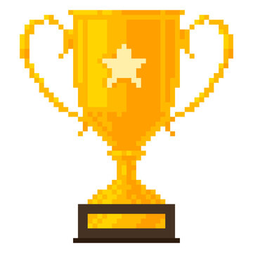 Golden cup on a wooden stand with a nameplate pixel icon. First place award trophy goblet with star. Pixel style.