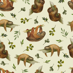 Colorful seamless pattern watercolor sloths in trendy style. Vintage illustration for fabric design. © Darya