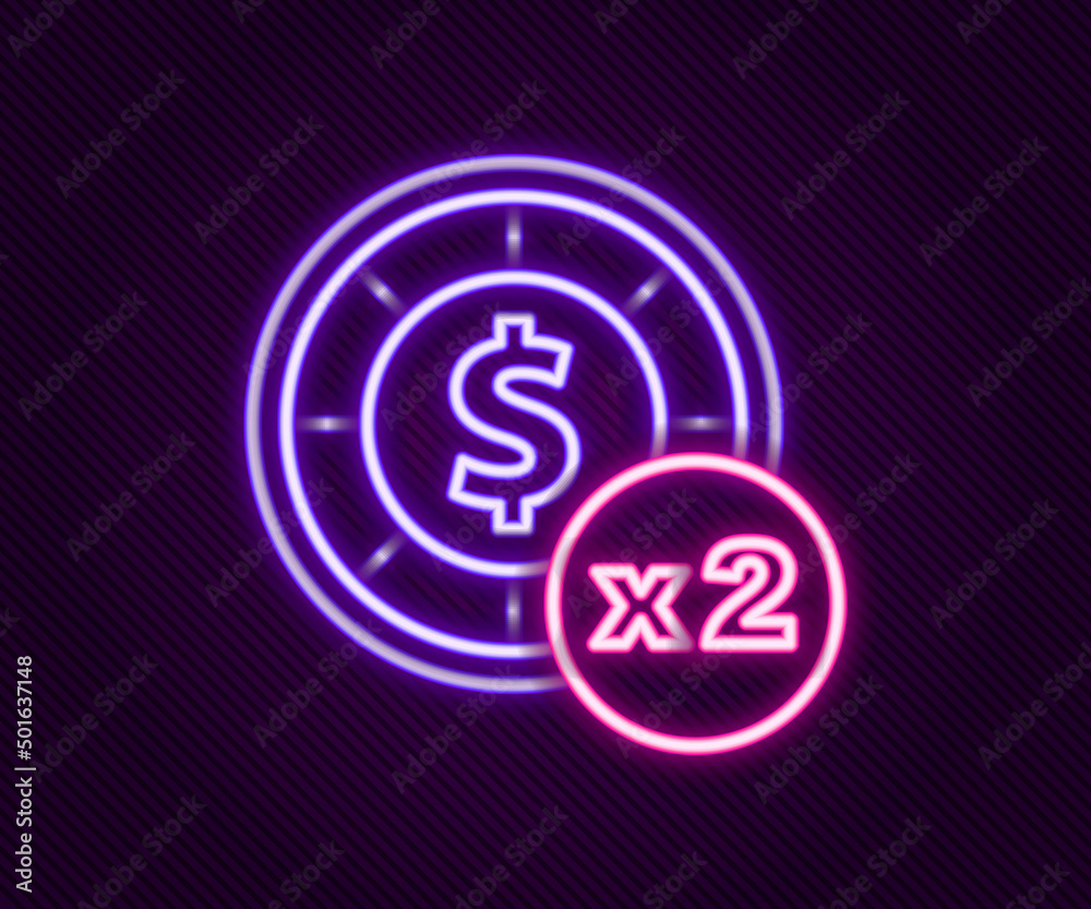 Sticker Glowing neon line Casino chips icon isolated on black background. Casino gambling. Colorful outline concept. Vector