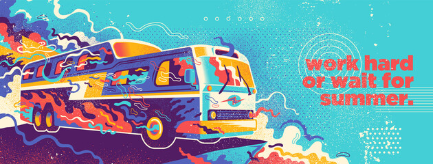 Summer background design in abstract style with retro bus and colorful splashing shapes. Vector illustration. - obrazy, fototapety, plakaty