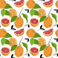 Vector summer pattern with oranges and leaves. Seamless texture design.