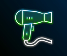 Glowing neon line Hair dryer icon isolated on black background. Hairdryer sign. Hair drying symbol. Blowing hot air. Colorful outline concept. Vector