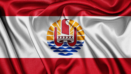 Close up realistic texture fabric textile silk satin flag of French Polynesia waving fluttering background. National symbol of the country. 14th of July, Happy Day concept
