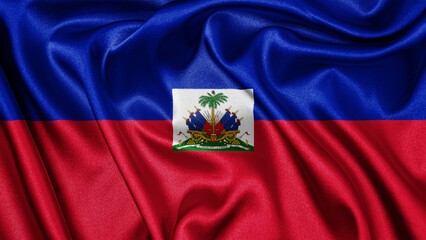 Close up realistic texture fabric textile silk satin flag of Haiti waving fluttering background. National symbol of the country. 1st of January, Happy Day concept © Volodymyr