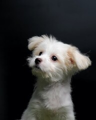 Female Maltese Puppy White Dog Photo Shoot Session studio with black background on green grass
