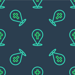 Line Map pin church building icon isolated seamless pattern on blue background. Christian Church. Religion of church. Vector