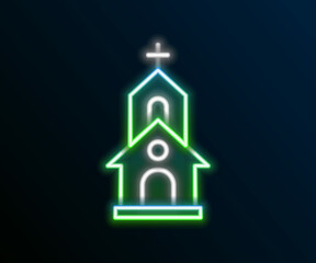 Glowing neon line Church building icon isolated on black background. Christian Church. Religion of church. Colorful outline concept. Vector