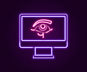 Glowing neon line Eye of Horus on monitor icon isolated on black background. Ancient Egyptian goddess Wedjet symbol of protection, royal power and good health. Colorful outline concept. Vector