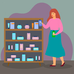 woman is choosing products on the market shelf, concept illustration image © Popular Vector