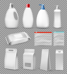 Big set of polypropylene plastic and paper packaging - sacks, tray, doypack, dispenser bottles, box, tube and on transparent background. Vector illustration
