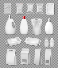 Collection of polypropylene plastic packaging and medical supplies - sack, tray, cup, bottle, box, tube and packing  for antibakterial wet wipes on transparent background. Vector illustration