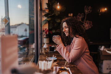 Young woman drinking tea and looking out of the cafe window while enjoying her leisure time alone