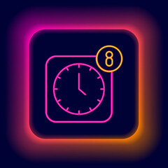 Glowing neon line Alarm clock app smartphone interface icon isolated on black background. Colorful outline concept. Vector