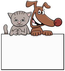 cartoon dog and cat with white singboard graphic design