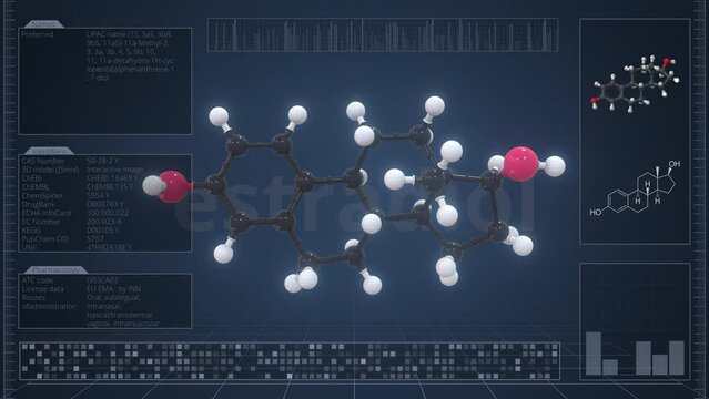 Overview of the molecule of estradiol on the computer screen. Loopable 3d animation