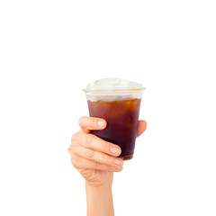 Digital collage modern art iced Americano coffee on hand.Black coffee surreal hand modern collage digital art.Advertising design americano coffee.welcome cafe.Barista with cup.beverage minimal art.