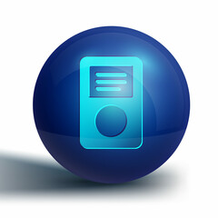 Blue Music player icon isolated on white background. Portable music device. Blue circle button. Vector