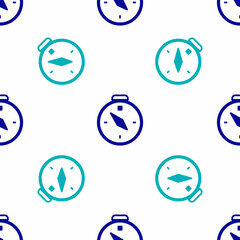 Blue Compass icon isolated seamless pattern on white background. Windrose navigation symbol. Wind rose sign. Vector