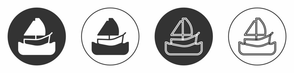 Black Yacht sailboat or sailing ship icon isolated on white background. Sail boat marine cruise travel. Circle button. Vector