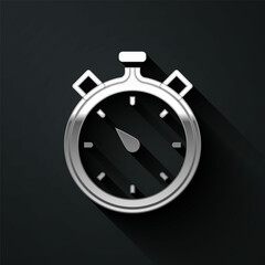 Silver Stopwatch icon isolated on black background. Time timer sign. Chronometer sign. Long shadow style. Vector