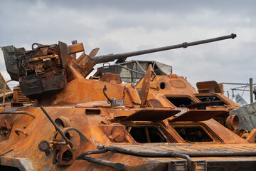 destroyed Russian tank. Russian tank at the cemetery of Russian equipment in Ukraine. Burnt Russian fuel truck. War in Ukraine 2022. destroyed armored vehicles ukraine