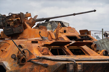 destroyed Russian tank. Russian tank at the cemetery of Russian equipment in Ukraine. Burnt Russian fuel truck. War in Ukraine 2022. destroyed armored vehicles ukraine
