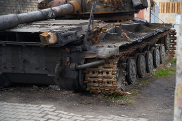 Broken tanks, combat vehicles and other burnt military equipment of the Russian invaders in Ukraine