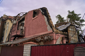 War of Russia against Ukraine. Residential building damaged by enemy aircraft in Ukrainian....