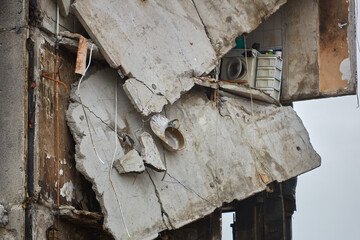 War of Russia against Ukraine. Residential building damaged by enemy aircraft in Ukrainian. Consequences of war, damaged grocery market by troops of Russian army. private house destroyed.