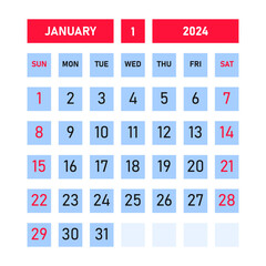 January 2024 calendar template design. Desktop calendar in simple style. Corporate or business calendar. English vector calendar.
Sunday at the beginning of the week.