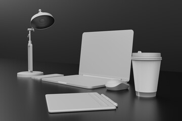 An abstract laptop, lamp, telephone and tablet of white pastel color on a black background. Minimalistic concept, modern office, abstract room. Modern work, creative. 3D rendering, 3D illustration.