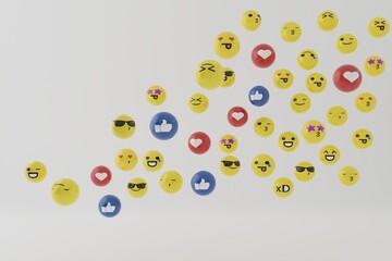 Yellow faces, heart and like emoji. Social media concept, using emoticons among internet users. Emoji in use. Various facial expressions and emoticons. 3D render, 3D illustration.
