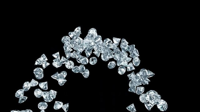 A 3D render of shiny diamonds pouring down on a transparent alpha channel in a seamless loop.