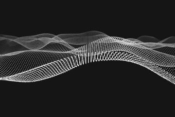 Abstract smooth particle wave on black background. Tech-futuristic 3d render