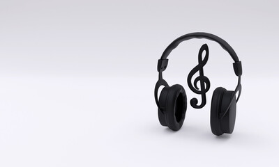 3d illustration, black headphones and music note, copy space, 3d rendering