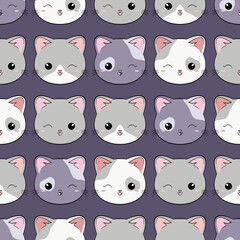 Koty - powtarzalny wzór - słodkie kotki na fioletowym tle. Uśmiechnięte, mrugające, zadowolone kocie głowy. Ilustracja wektorowa. - obrazy, fototapety, plakaty