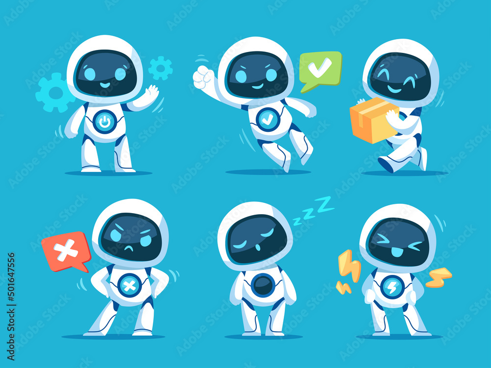 Fototapete set of cute white robots. cyber characters with lightning bolts, cross sign, tick, box in hands and 