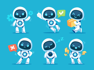 Set of cute white robots. Cyber characters with lightning bolts, cross sign, tick, box in hands and adjustment cogs. Artificial intelligence. Cartoon flat vector collection isolated on blue background
